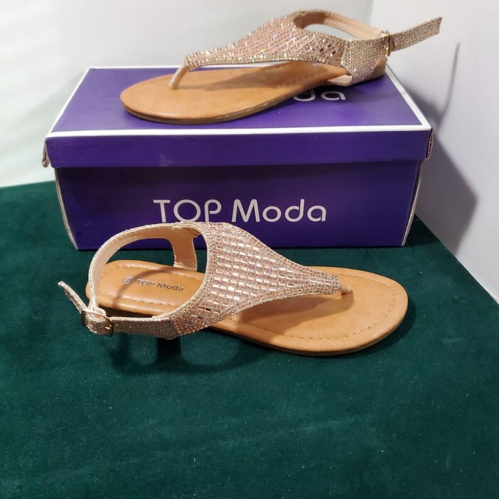 Top Moda Womans Bonus 5 Ankle Strap Thong Sandal Champagne Beaded Sz 5.5M